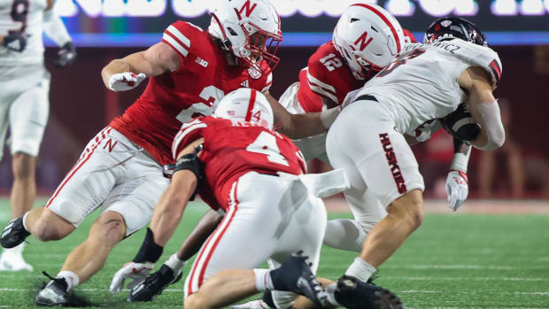 Isaac Gifford + Omar Brown + Luke Reimer + Kacper Rutkiewicz 2023 Nebraska football vs Northern Illinois